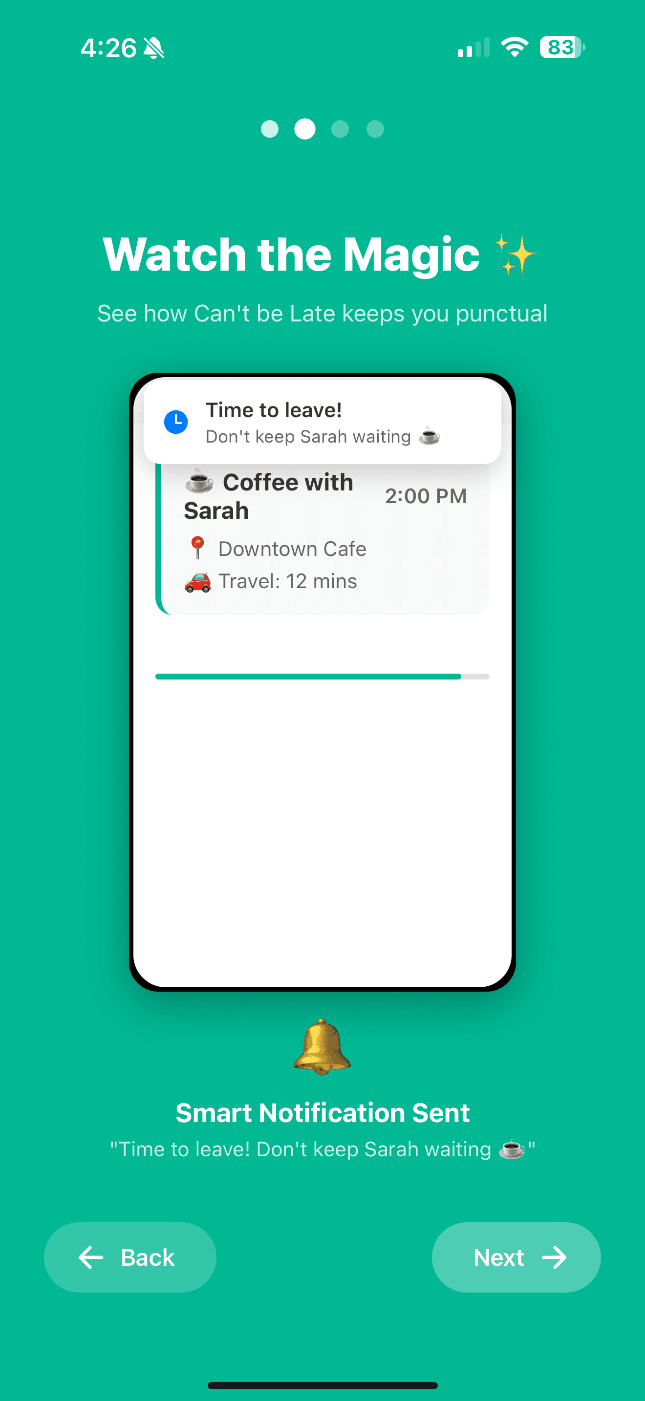 Can't be Late on iPhone, showing the next event and the calculated time to leave