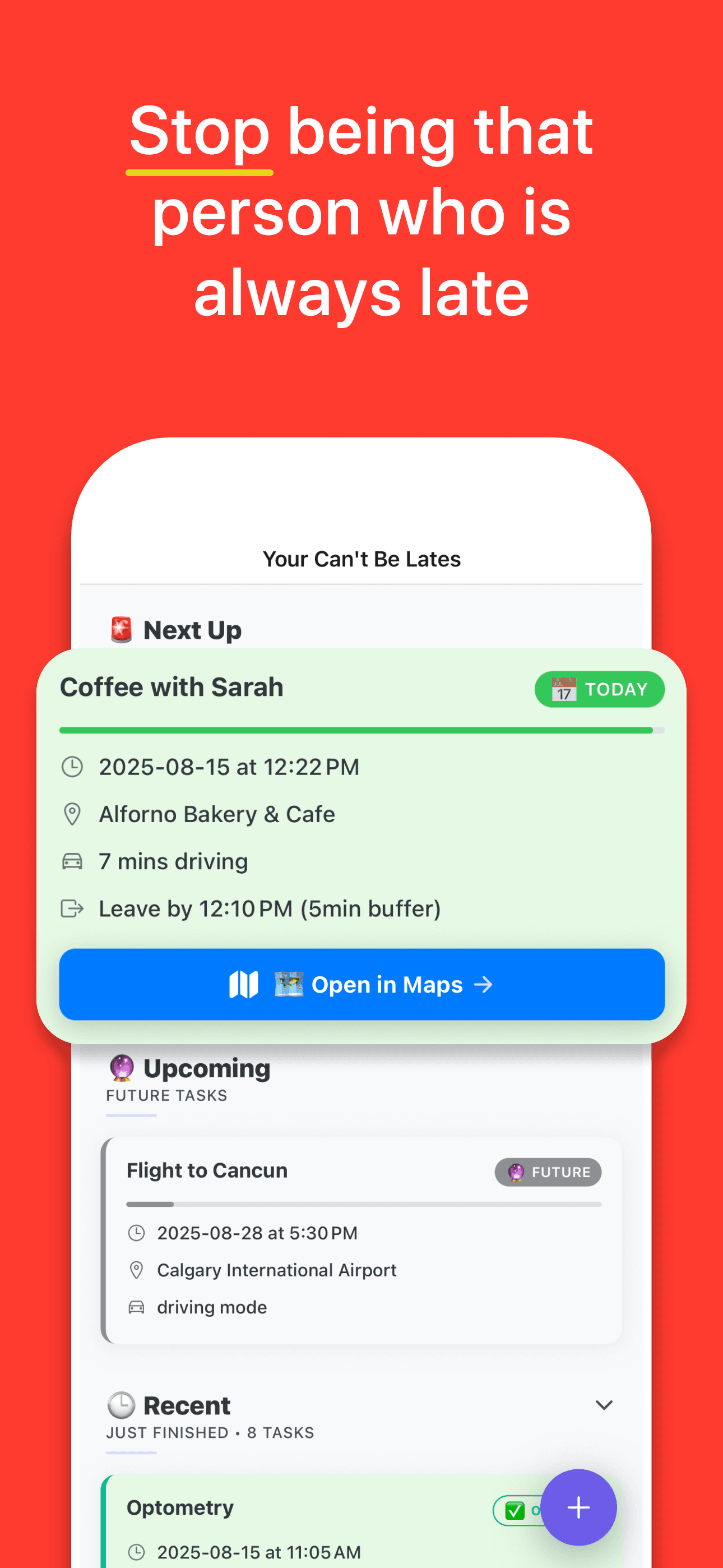 Can't be Late main screen showing the next calendar event and its calculated time to leave