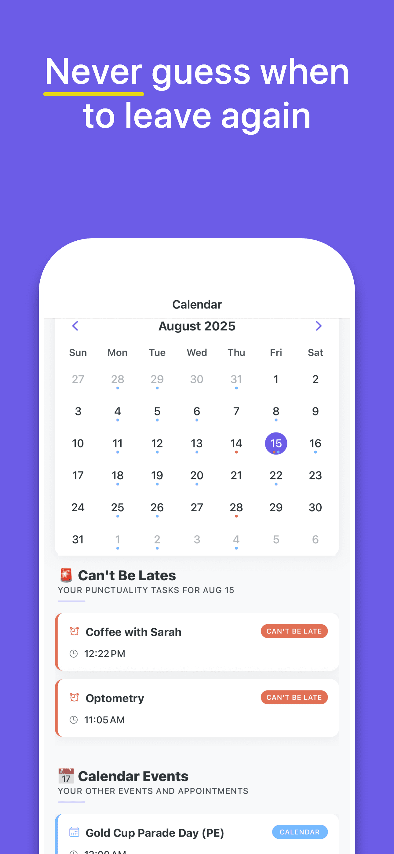 A Can't be Late time-to-leave push notification on an iPhone lock screen